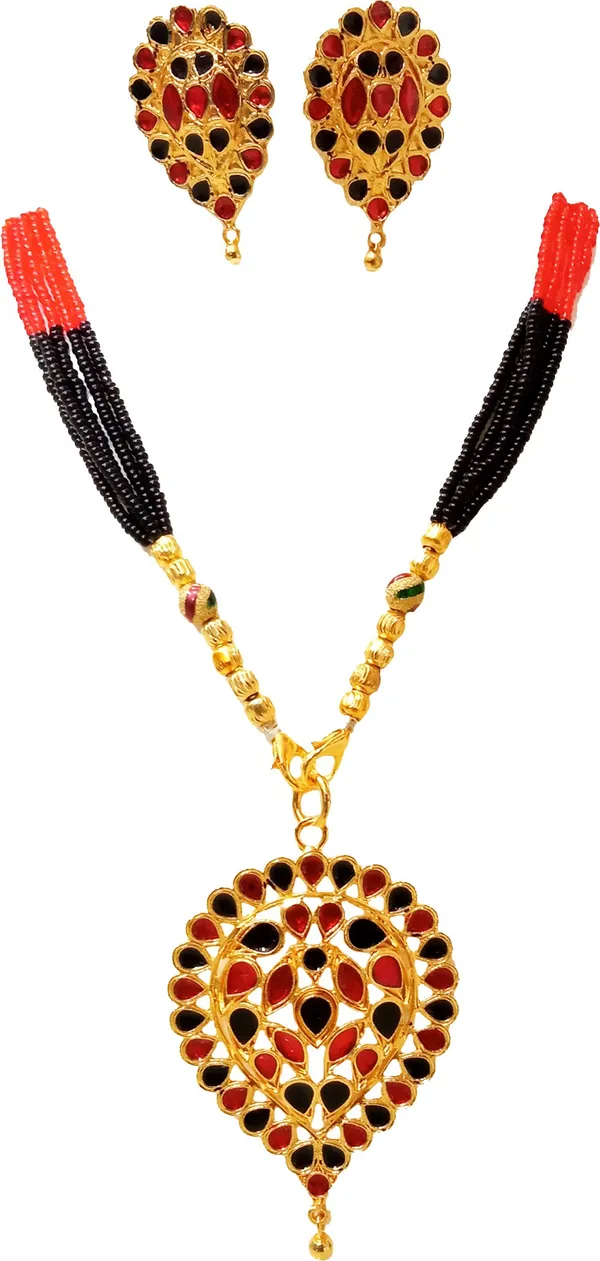 Assamese_Traditional_Gold_Plated_Red_Black_Colour_Dugdugi_Tassel_Jewellery_Set_For_Women_&_Girl